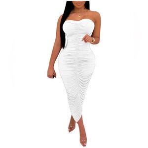 Women's Sexy Ruched pure white  Bodycon  casual fresh Tube Maxi Dress XL.